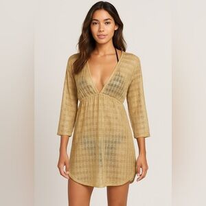 Jordan Taylor Metallic Gold Sheer Deep V Swim Cover-Up Dress